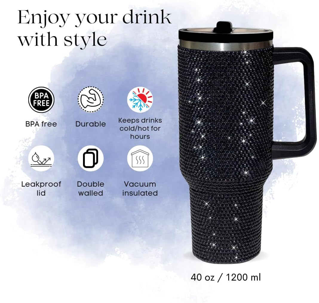 40 Oz Rhinestone Tumbler with Handle and Flip Straw | Insulated Stainless Steel Double Layer Bling Tumbler | Leak Proof Glitter Tumbler for Women | Reusable 1200ml Travel Bling Cups Pink