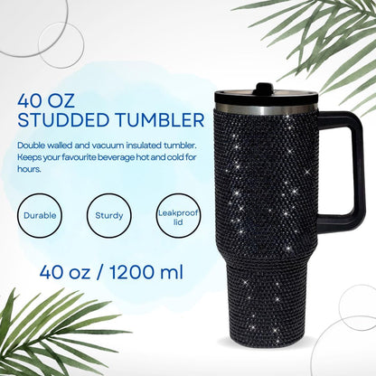 40 Oz Rhinestone Tumbler with Handle and Flip Straw | Insulated Stainless Steel Double Layer Bling Tumbler | Leak Proof Glitter Tumbler for Women | Reusable 1200ml Travel Bling Cups Pink