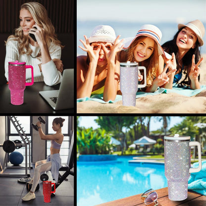 40 Oz Rhinestone Tumbler with Handle and Flip Straw | Insulated Stainless Steel Double Layer Bling Tumbler | Leak Proof Glitter Tumbler for Women | Reusable 1200ml Travel Bling Cups Pink