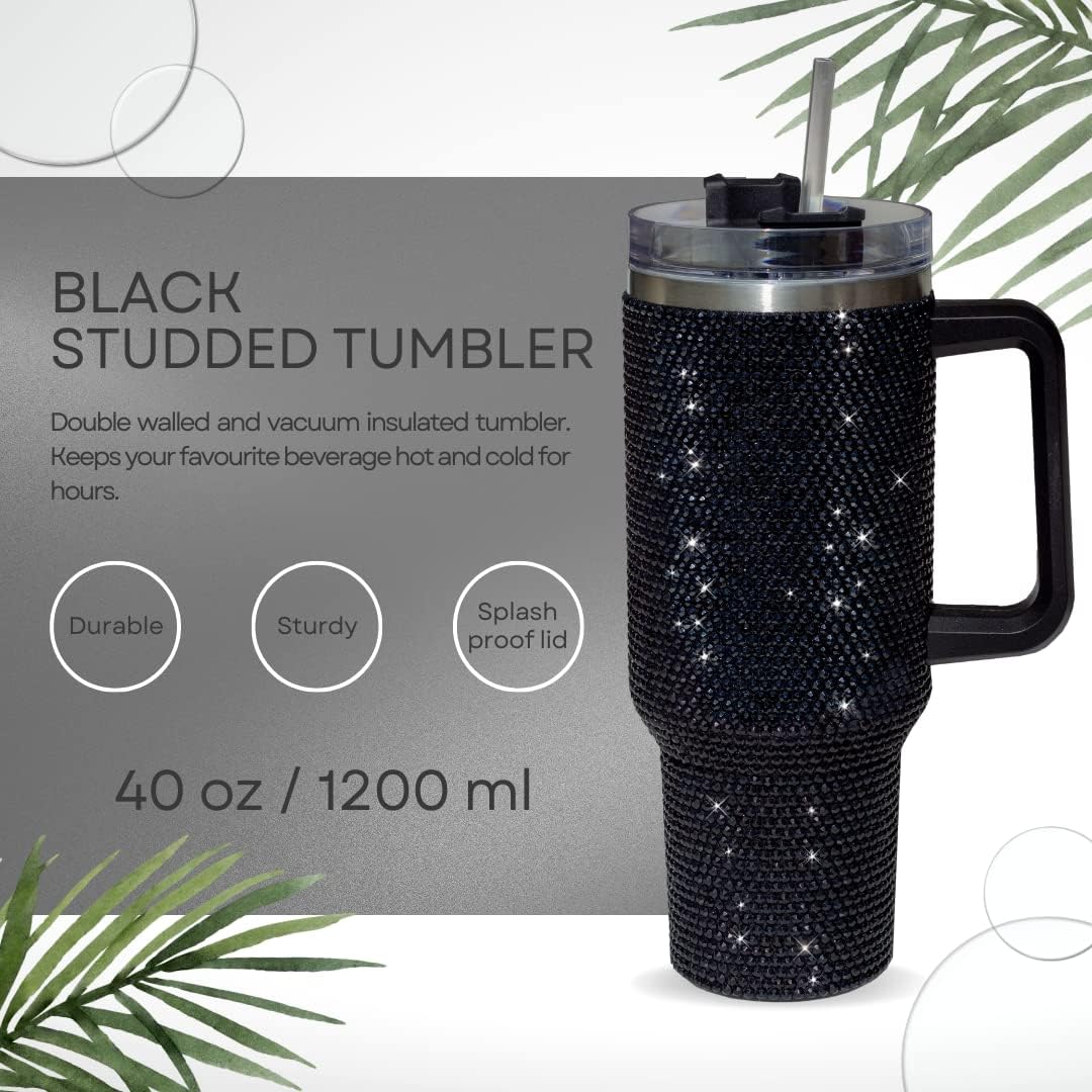 40 Oz Rhinestone Tumbler with Handle and Flip Straw | Insulated Stainless Steel Double Layer Bling Tumbler | Leak Proof Glitter Tumbler for Women | Reusable 1200ml Travel Bling Cups Pink