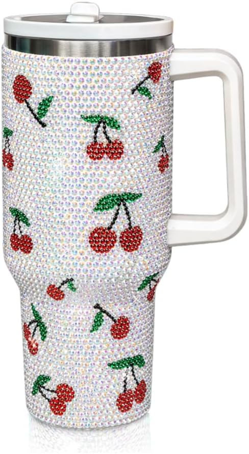 40 Oz Rhinestone Tumbler with Handle and Flip Straw | Insulated Stainless Steel Double Layer Bling Tumbler | Leak Proof Glitter Tumbler for Women | Reusable 1200ml Travel Bling Cups Pink