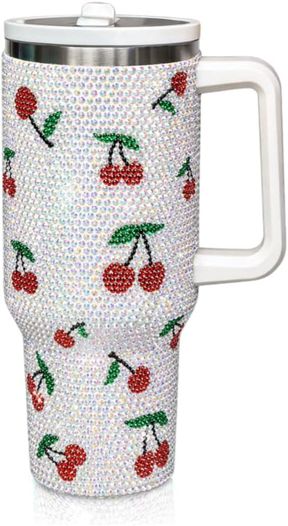 40 Oz Rhinestone Tumbler with Handle and Flip Straw | Insulated Stainless Steel Double Layer Bling Tumbler | Leak Proof Glitter Tumbler for Women | Reusable 1200ml Travel Bling Cups Pink