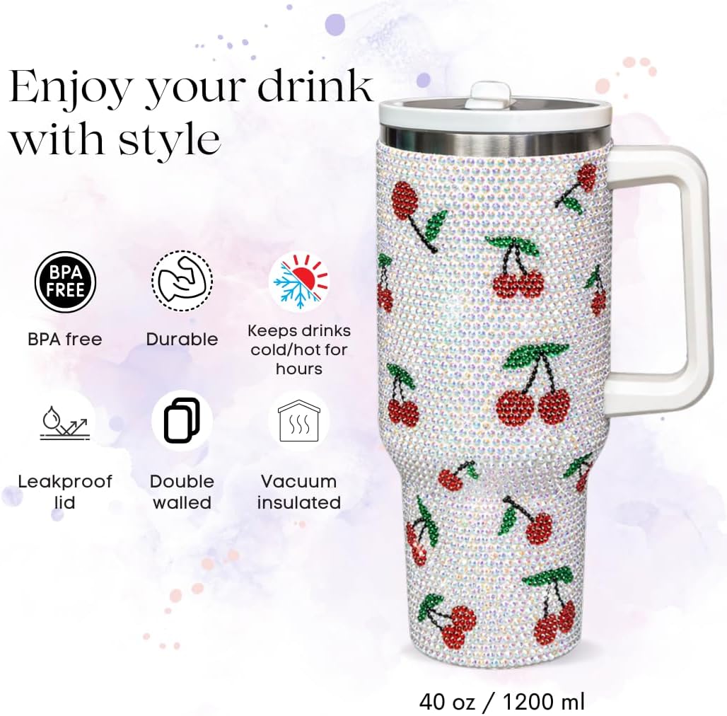 40 Oz Rhinestone Tumbler with Handle and Flip Straw | Insulated Stainless Steel Double Layer Bling Tumbler | Leak Proof Glitter Tumbler for Women | Reusable 1200ml Travel Bling Cups Pink