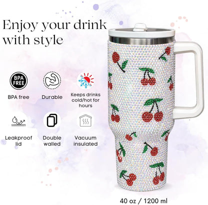 40 Oz Rhinestone Tumbler with Handle and Flip Straw | Insulated Stainless Steel Double Layer Bling Tumbler | Leak Proof Glitter Tumbler for Women | Reusable 1200ml Travel Bling Cups Pink