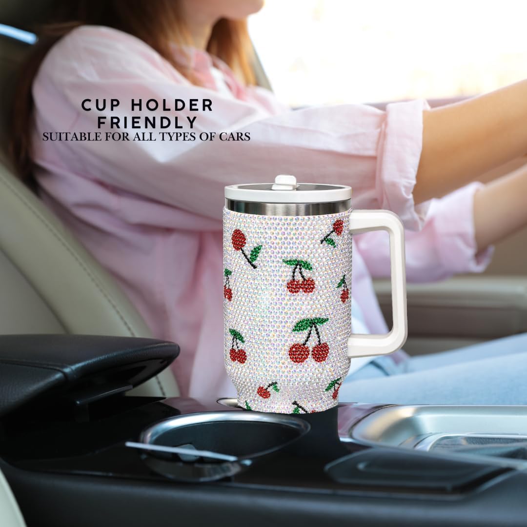 40 Oz Rhinestone Tumbler with Handle and Flip Straw | Insulated Stainless Steel Double Layer Bling Tumbler | Leak Proof Glitter Tumbler for Women | Reusable 1200ml Travel Bling Cups Pink