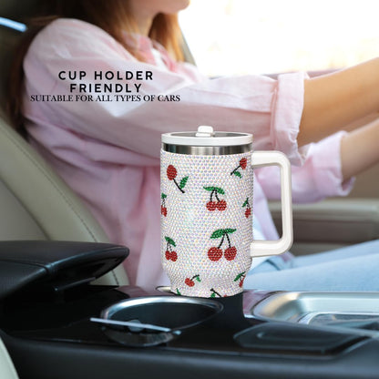40 Oz Rhinestone Tumbler with Handle and Flip Straw | Insulated Stainless Steel Double Layer Bling Tumbler | Leak Proof Glitter Tumbler for Women | Reusable 1200ml Travel Bling Cups Pink