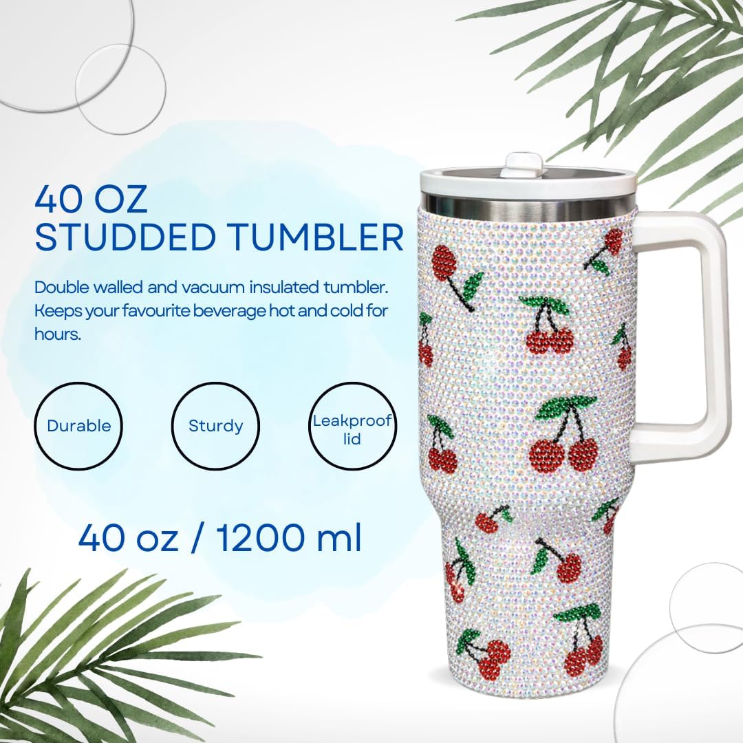 40 Oz Rhinestone Tumbler with Handle and Flip Straw | Insulated Stainless Steel Double Layer Bling Tumbler | Leak Proof Glitter Tumbler for Women | Reusable 1200ml Travel Bling Cups Pink