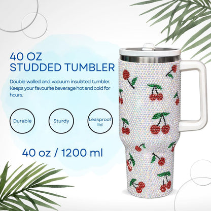 40 Oz Rhinestone Tumbler with Handle and Flip Straw | Insulated Stainless Steel Double Layer Bling Tumbler | Leak Proof Glitter Tumbler for Women | Reusable 1200ml Travel Bling Cups Pink