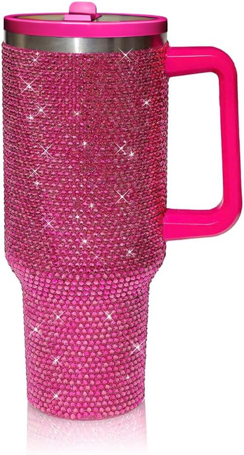 40 Oz Rhinestone Tumbler with Handle and Flip Straw | Insulated Stainless Steel Double Layer Bling Tumbler | Leak Proof Glitter Tumbler for Women | Reusable 1200ml Travel Bling Cups Pink