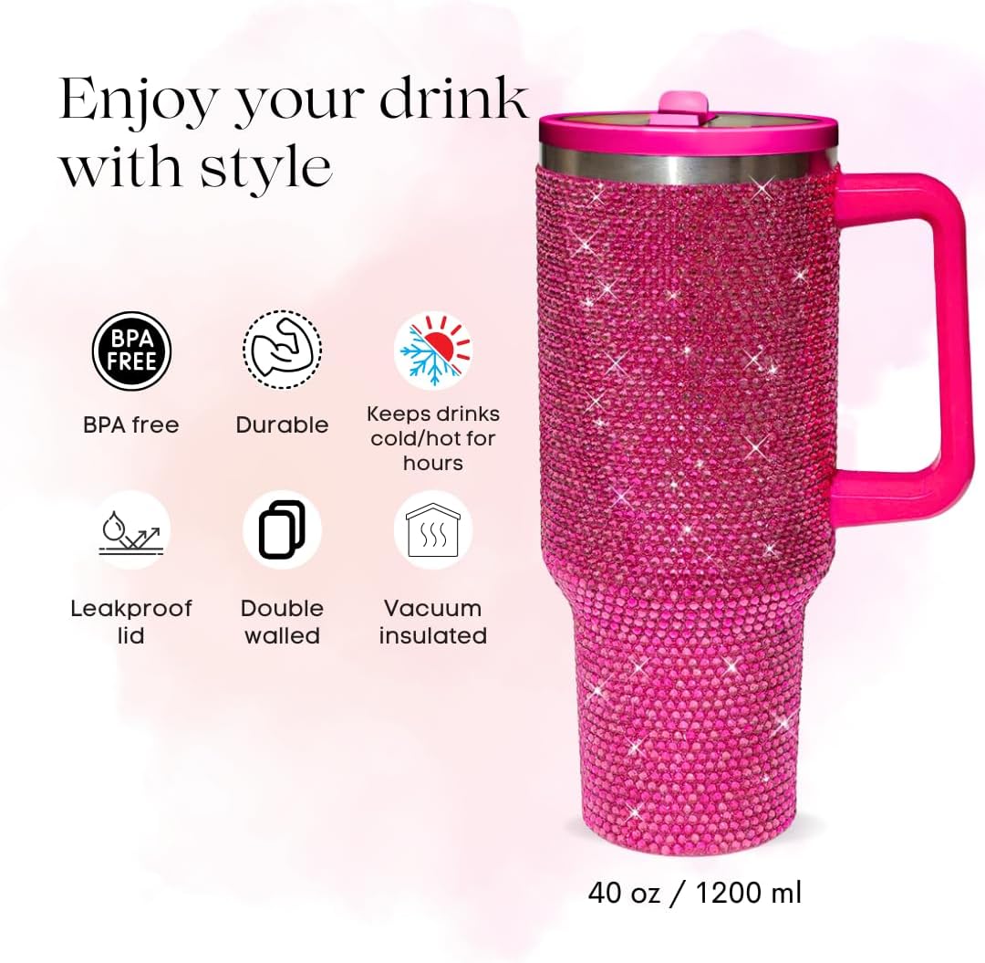 40 Oz Rhinestone Tumbler with Handle and Flip Straw | Insulated Stainless Steel Double Layer Bling Tumbler | Leak Proof Glitter Tumbler for Women | Reusable 1200ml Travel Bling Cups Pink