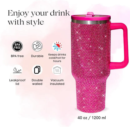 40 Oz Rhinestone Tumbler with Handle and Flip Straw | Insulated Stainless Steel Double Layer Bling Tumbler | Leak Proof Glitter Tumbler for Women | Reusable 1200ml Travel Bling Cups Pink