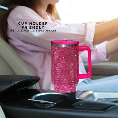 40 Oz Rhinestone Tumbler with Handle and Flip Straw | Insulated Stainless Steel Double Layer Bling Tumbler | Leak Proof Glitter Tumbler for Women | Reusable 1200ml Travel Bling Cups Pink