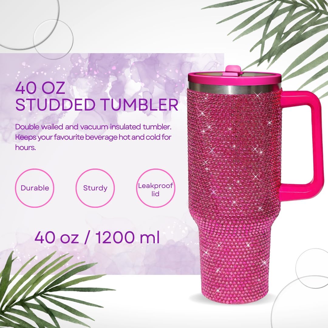 40 Oz Rhinestone Tumbler with Handle and Flip Straw | Insulated Stainless Steel Double Layer Bling Tumbler | Leak Proof Glitter Tumbler for Women | Reusable 1200ml Travel Bling Cups Pink