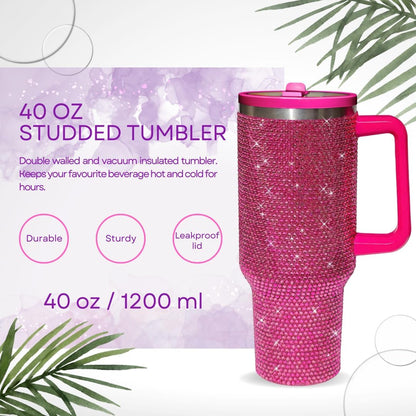 40 Oz Rhinestone Tumbler with Handle and Flip Straw | Insulated Stainless Steel Double Layer Bling Tumbler | Leak Proof Glitter Tumbler for Women | Reusable 1200ml Travel Bling Cups Pink