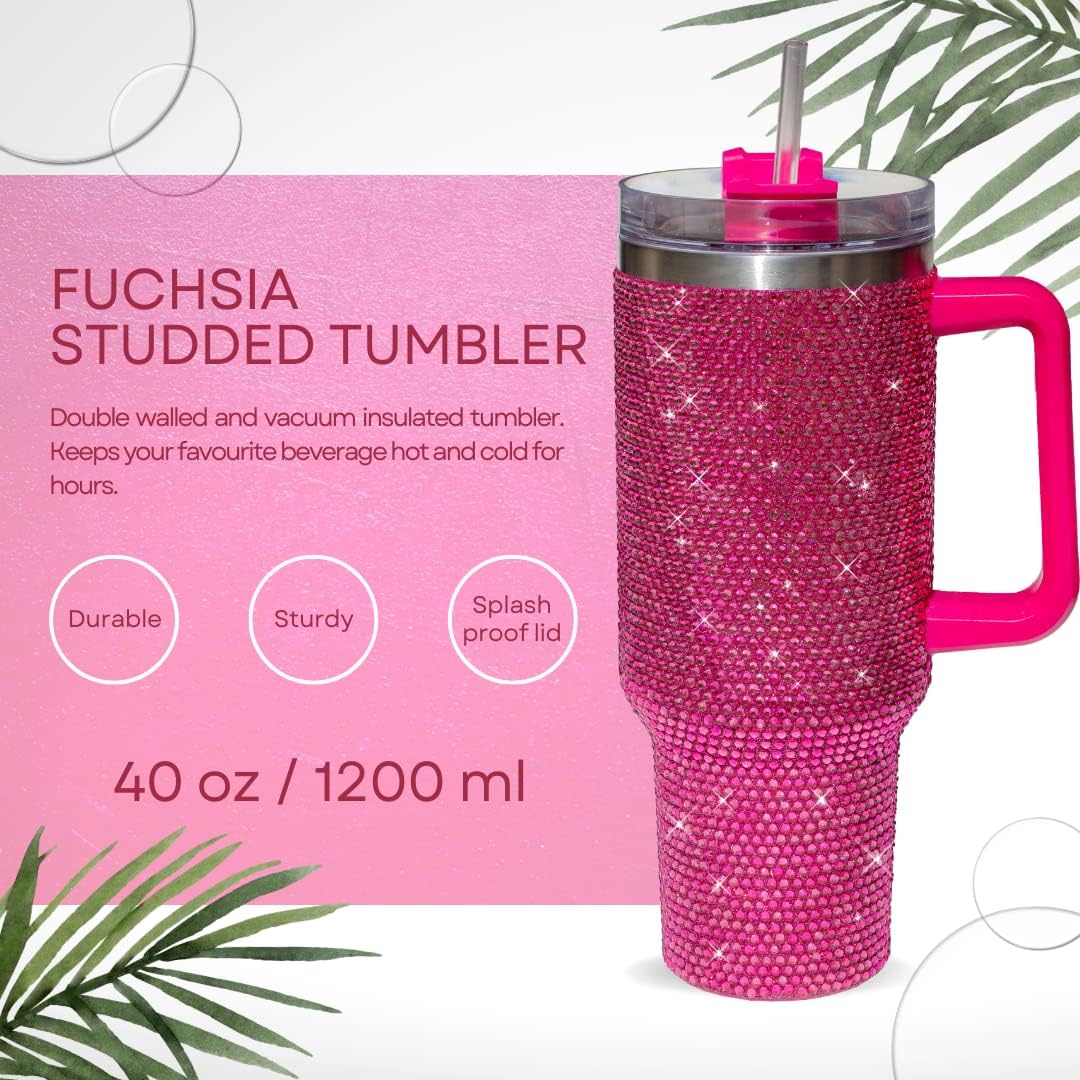 40 Oz Rhinestone Tumbler with Handle and Flip Straw | Insulated Stainless Steel Double Layer Bling Tumbler | Leak Proof Glitter Tumbler for Women | Reusable 1200ml Travel Bling Cups Pink