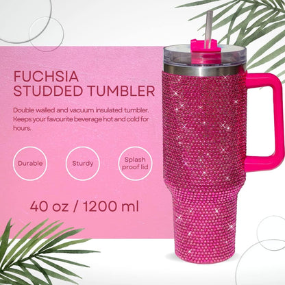 40 Oz Rhinestone Tumbler with Handle and Flip Straw | Insulated Stainless Steel Double Layer Bling Tumbler | Leak Proof Glitter Tumbler for Women | Reusable 1200ml Travel Bling Cups Pink