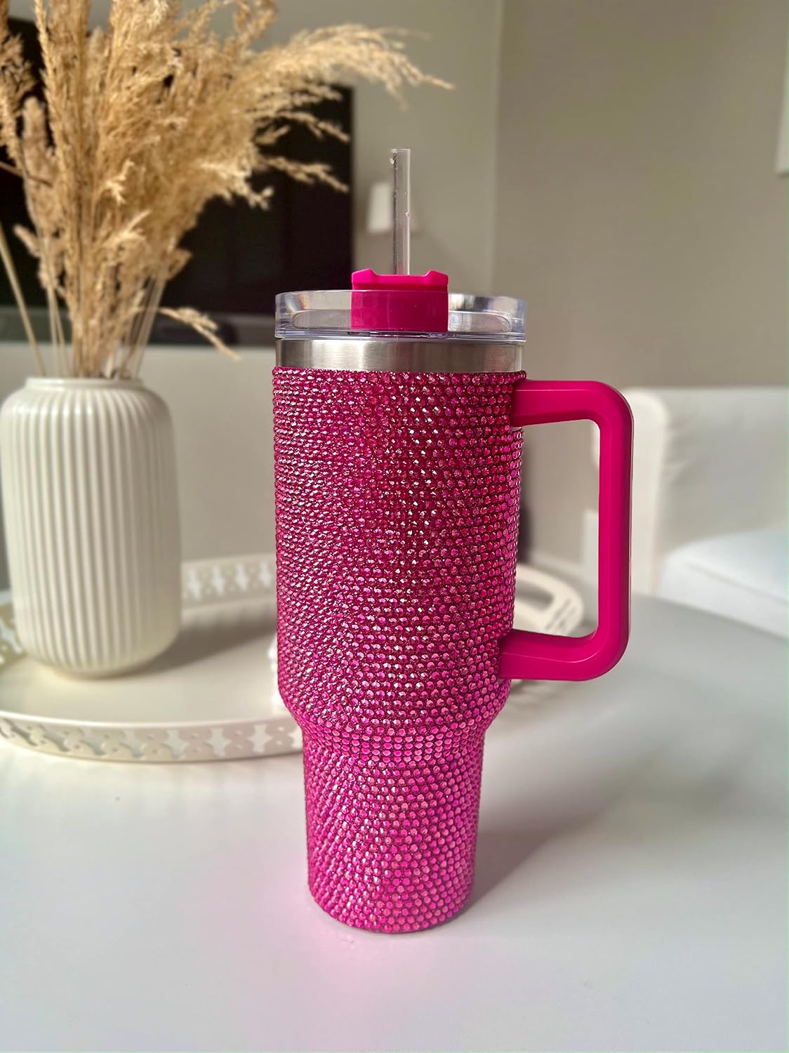 40 Oz Rhinestone Tumbler with Handle and Flip Straw | Insulated Stainless Steel Double Layer Bling Tumbler | Leak Proof Glitter Tumbler for Women | Reusable 1200ml Travel Bling Cups Pink