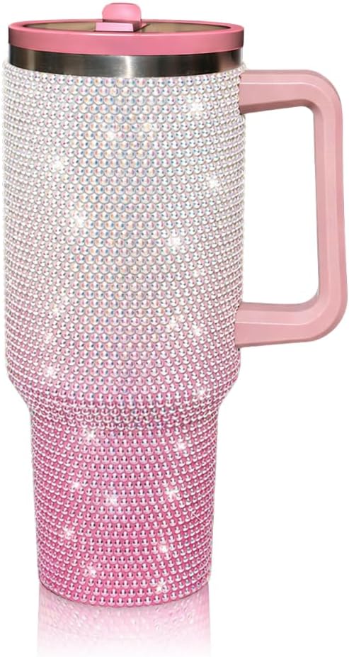 40 Oz Rhinestone Tumbler with Handle and Flip Straw | Insulated Stainless Steel Double Layer Bling Tumbler | Leak Proof Glitter Tumbler for Women | Reusable 1200ml Travel Bling Cups Pink