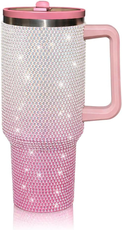 40 Oz Rhinestone Tumbler with Handle and Flip Straw | Insulated Stainless Steel Double Layer Bling Tumbler | Leak Proof Glitter Tumbler for Women | Reusable 1200ml Travel Bling Cups Pink