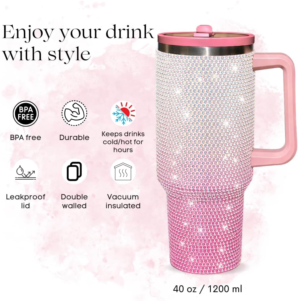 40 Oz Rhinestone Tumbler with Handle and Flip Straw | Insulated Stainless Steel Double Layer Bling Tumbler | Leak Proof Glitter Tumbler for Women | Reusable 1200ml Travel Bling Cups Pink