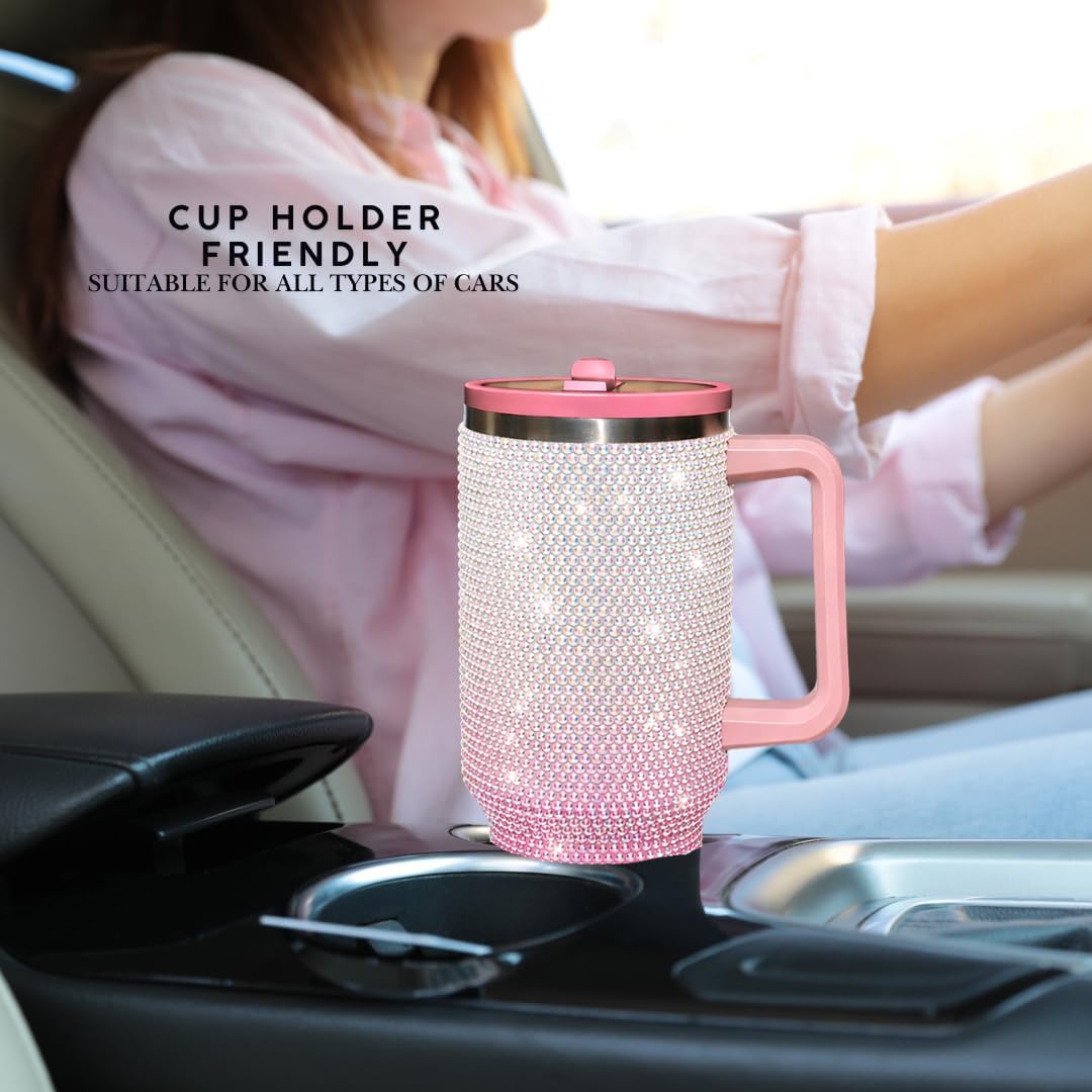 40 Oz Rhinestone Tumbler with Handle and Flip Straw | Insulated Stainless Steel Double Layer Bling Tumbler | Leak Proof Glitter Tumbler for Women | Reusable 1200ml Travel Bling Cups Pink
