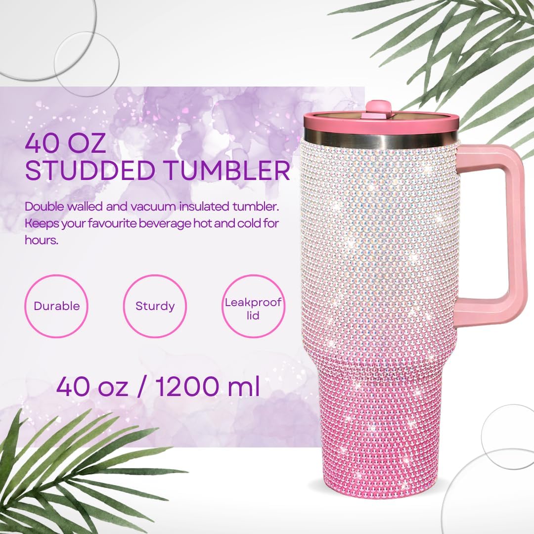 40 Oz Rhinestone Tumbler with Handle and Flip Straw | Insulated Stainless Steel Double Layer Bling Tumbler | Leak Proof Glitter Tumbler for Women | Reusable 1200ml Travel Bling Cups Pink