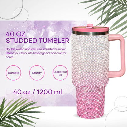 40 Oz Rhinestone Tumbler with Handle and Flip Straw | Insulated Stainless Steel Double Layer Bling Tumbler | Leak Proof Glitter Tumbler for Women | Reusable 1200ml Travel Bling Cups Pink