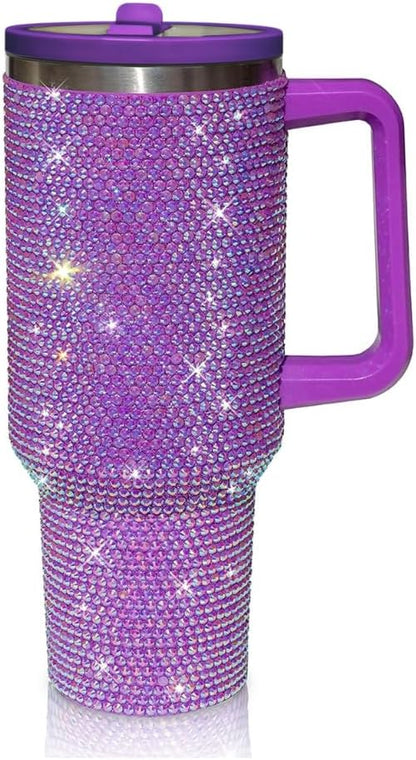 40 Oz Rhinestone Tumbler with Handle and Flip Straw | Insulated Stainless Steel Double Layer Bling Tumbler | Leak Proof Glitter Tumbler for Women | Reusable 1200ml Travel Bling Cups Pink