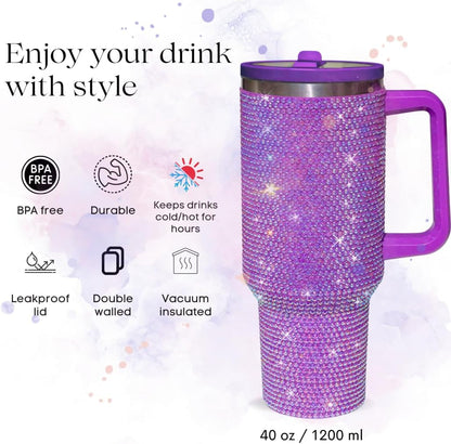 40 Oz Rhinestone Tumbler with Handle and Flip Straw | Insulated Stainless Steel Double Layer Bling Tumbler | Leak Proof Glitter Tumbler for Women | Reusable 1200ml Travel Bling Cups Pink