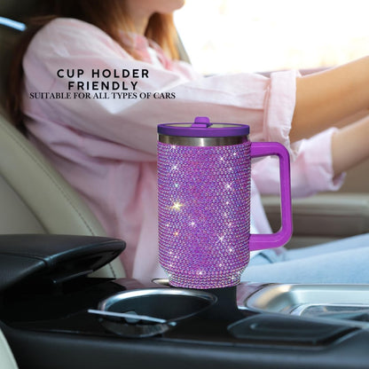 40 Oz Rhinestone Tumbler with Handle and Flip Straw | Insulated Stainless Steel Double Layer Bling Tumbler | Leak Proof Glitter Tumbler for Women | Reusable 1200ml Travel Bling Cups Pink