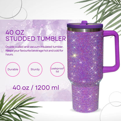 40 Oz Rhinestone Tumbler with Handle and Flip Straw | Insulated Stainless Steel Double Layer Bling Tumbler | Leak Proof Glitter Tumbler for Women | Reusable 1200ml Travel Bling Cups Pink