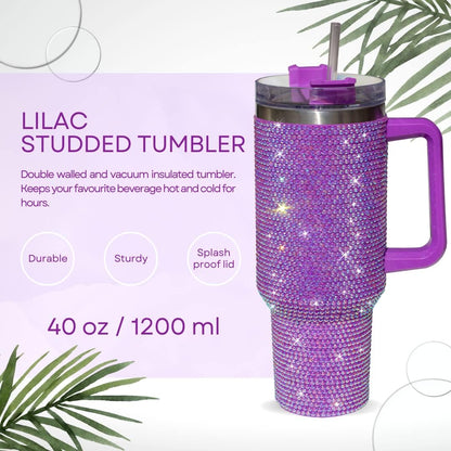 40 Oz Rhinestone Tumbler with Handle and Flip Straw | Insulated Stainless Steel Double Layer Bling Tumbler | Leak Proof Glitter Tumbler for Women | Reusable 1200ml Travel Bling Cups Pink