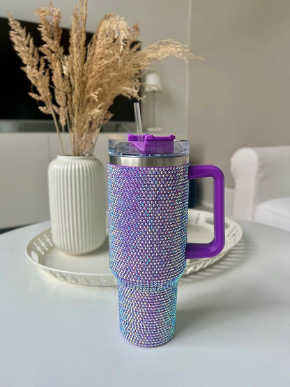 40 Oz Rhinestone Tumbler with Handle and Flip Straw | Insulated Stainless Steel Double Layer Bling Tumbler | Leak Proof Glitter Tumbler for Women | Reusable 1200ml Travel Bling Cups Pink