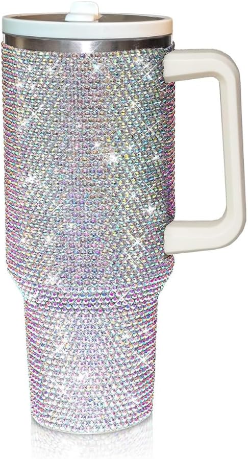 40 Oz Rhinestone Tumbler with Handle and Flip Straw | Insulated Stainless Steel Double Layer Bling Tumbler | Leak Proof Glitter Tumbler for Women | Reusable 1200ml Travel Bling Cups Pink
