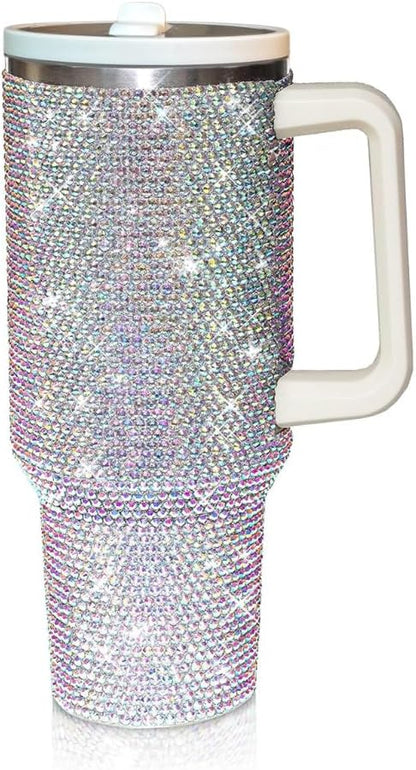 40 Oz Rhinestone Tumbler with Handle and Flip Straw | Insulated Stainless Steel Double Layer Bling Tumbler | Leak Proof Glitter Tumbler for Women | Reusable 1200ml Travel Bling Cups Pink
