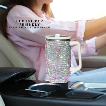 40 Oz Rhinestone Tumbler with Handle and Flip Straw | Insulated Stainless Steel Double Layer Bling Tumbler | Leak Proof Glitter Tumbler for Women | Reusable 1200ml Travel Bling Cups Pink