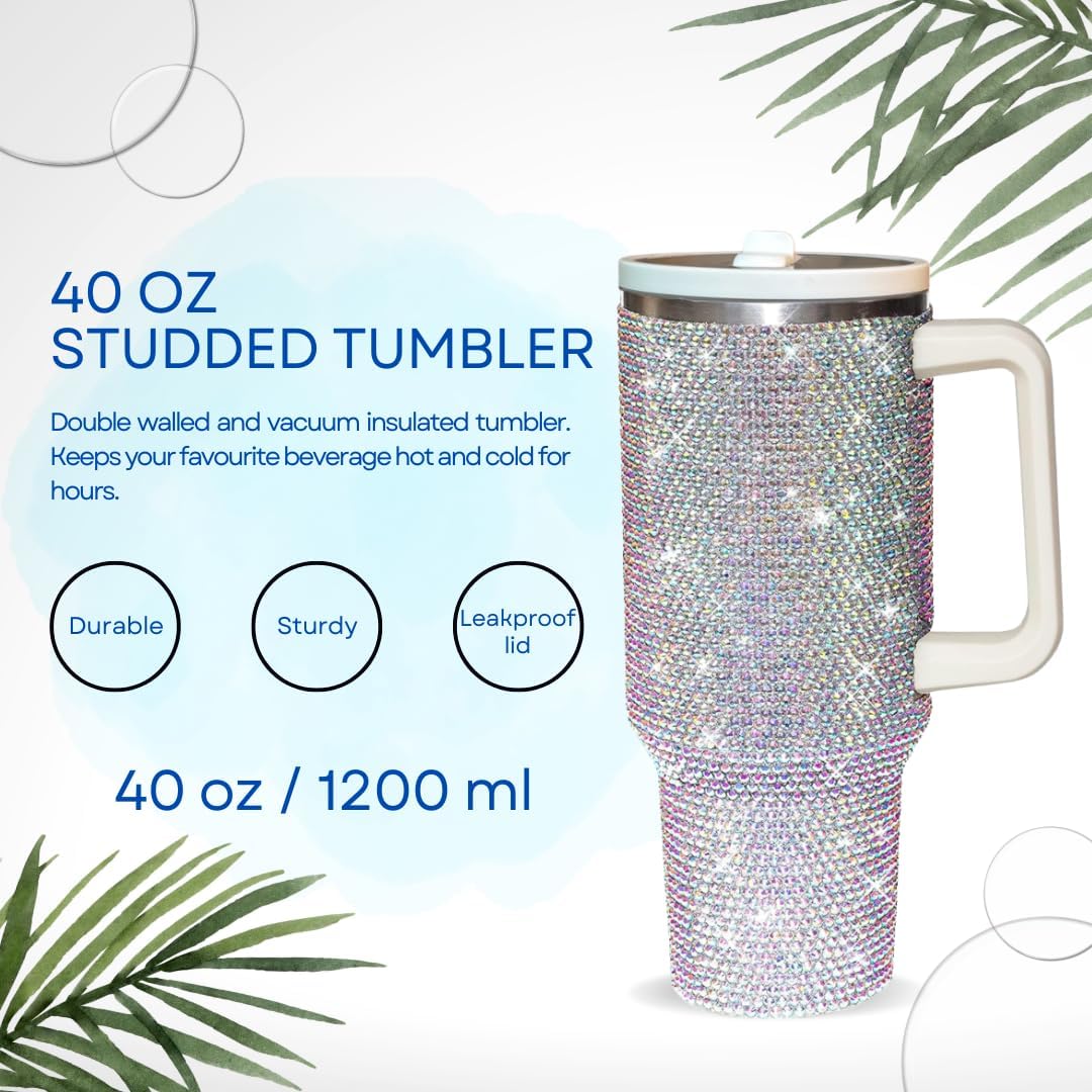 40 Oz Rhinestone Tumbler with Handle and Flip Straw | Insulated Stainless Steel Double Layer Bling Tumbler | Leak Proof Glitter Tumbler for Women | Reusable 1200ml Travel Bling Cups Pink