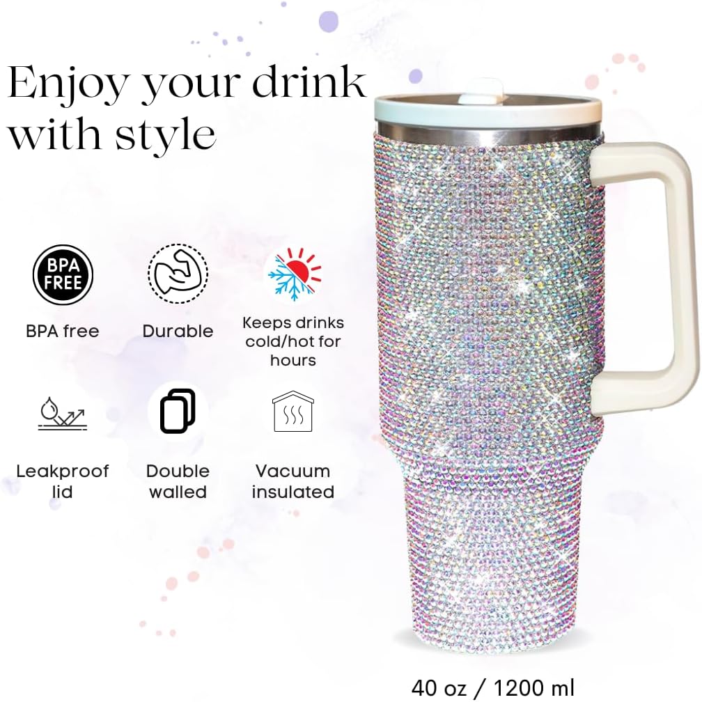 40 Oz Rhinestone Tumbler with Handle and Flip Straw | Insulated Stainless Steel Double Layer Bling Tumbler | Leak Proof Glitter Tumbler for Women | Reusable 1200ml Travel Bling Cups Pink