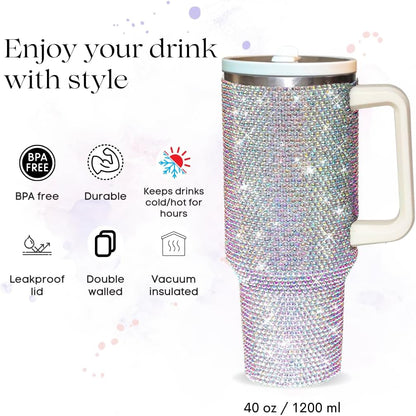 40 Oz Rhinestone Tumbler with Handle and Flip Straw | Insulated Stainless Steel Double Layer Bling Tumbler | Leak Proof Glitter Tumbler for Women | Reusable 1200ml Travel Bling Cups Pink