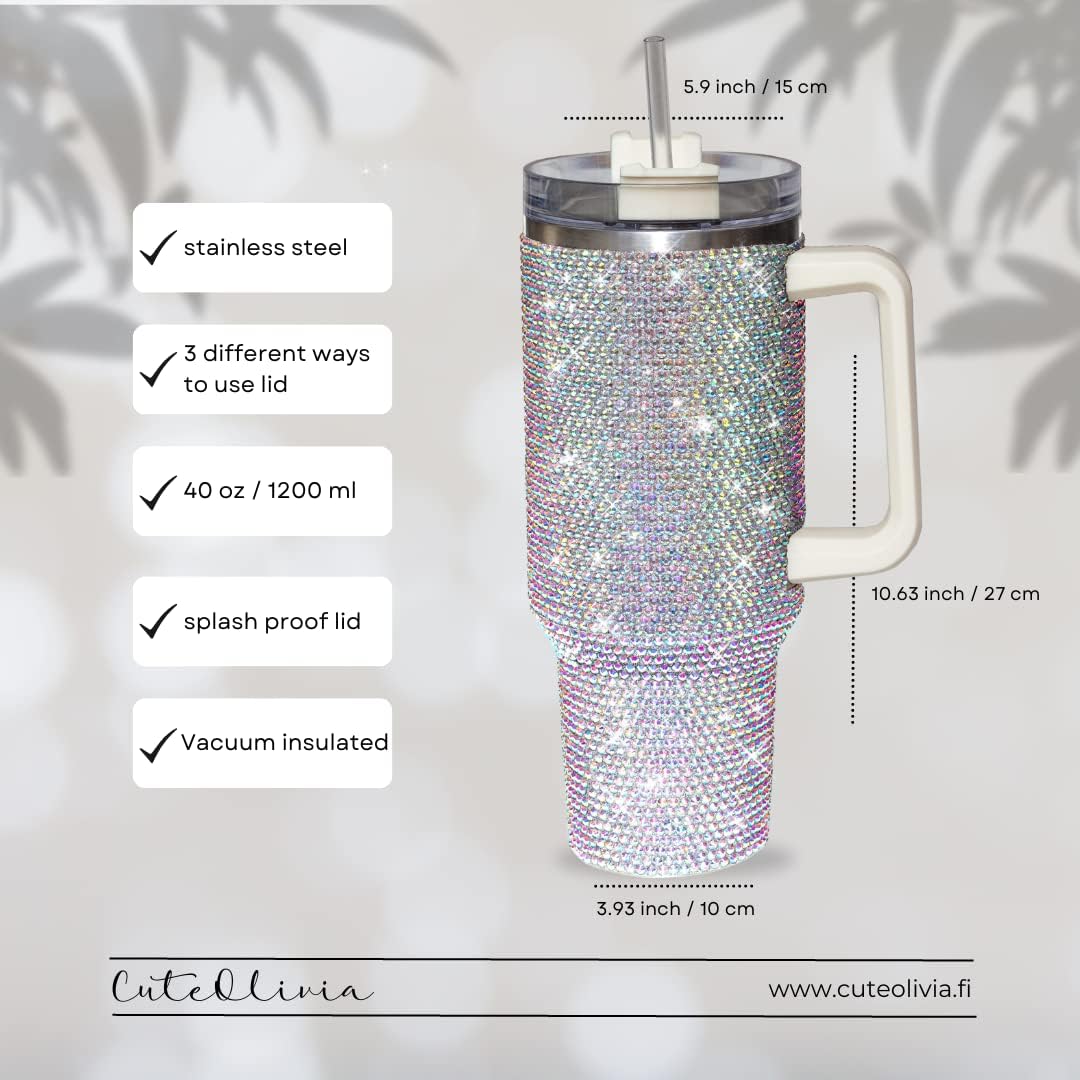 40 Oz Rhinestone Tumbler with Handle and Flip Straw | Insulated Stainless Steel Double Layer Bling Tumbler | Leak Proof Glitter Tumbler for Women | Reusable 1200ml Travel Bling Cups Pink