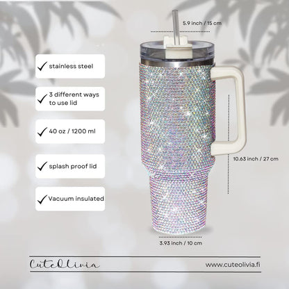 40 Oz Rhinestone Tumbler with Handle and Flip Straw | Insulated Stainless Steel Double Layer Bling Tumbler | Leak Proof Glitter Tumbler for Women | Reusable 1200ml Travel Bling Cups Pink