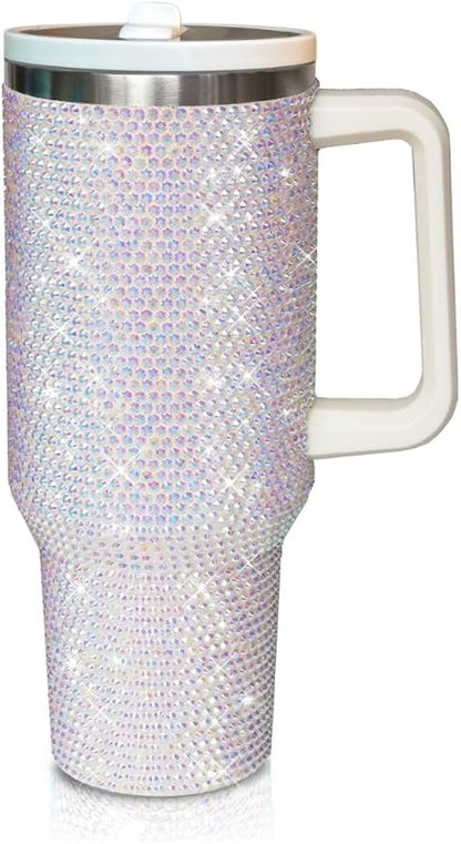 40 Oz Rhinestone Tumbler with Handle and Flip Straw | Insulated Stainless Steel Double Layer Bling Tumbler | Leak Proof Glitter Tumbler for Women | Reusable 1200ml Travel Bling Cups Pink