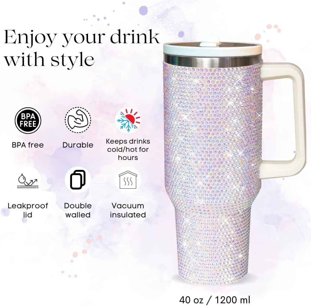 40 Oz Rhinestone Tumbler with Handle and Flip Straw | Insulated Stainless Steel Double Layer Bling Tumbler | Leak Proof Glitter Tumbler for Women | Reusable 1200ml Travel Bling Cups Pink