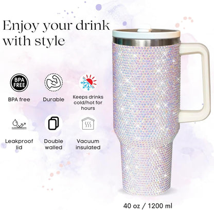 40 Oz Rhinestone Tumbler with Handle and Flip Straw | Insulated Stainless Steel Double Layer Bling Tumbler | Leak Proof Glitter Tumbler for Women | Reusable 1200ml Travel Bling Cups Pink