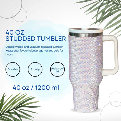 40 Oz Rhinestone Tumbler with Handle and Flip Straw | Insulated Stainless Steel Double Layer Bling Tumbler | Leak Proof Glitter Tumbler for Women | Reusable 1200ml Travel Bling Cups Pink
