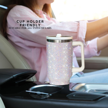 40 Oz Rhinestone Tumbler with Handle and Flip Straw | Insulated Stainless Steel Double Layer Bling Tumbler | Leak Proof Glitter Tumbler for Women | Reusable 1200ml Travel Bling Cups Pink