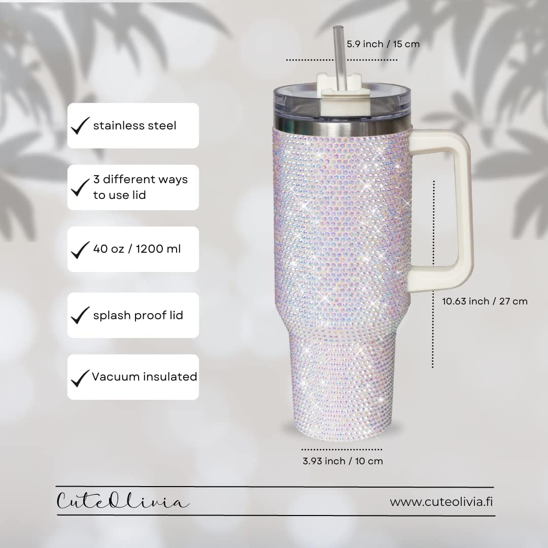 40 Oz Rhinestone Tumbler with Handle and Flip Straw | Insulated Stainless Steel Double Layer Bling Tumbler | Leak Proof Glitter Tumbler for Women | Reusable 1200ml Travel Bling Cups Pink