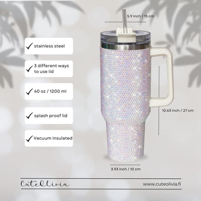 40 Oz Rhinestone Tumbler with Handle and Flip Straw | Insulated Stainless Steel Double Layer Bling Tumbler | Leak Proof Glitter Tumbler for Women | Reusable 1200ml Travel Bling Cups Pink