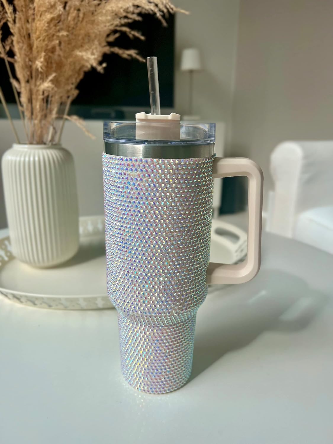40 Oz Rhinestone Tumbler with Handle and Flip Straw | Insulated Stainless Steel Double Layer Bling Tumbler | Leak Proof Glitter Tumbler for Women | Reusable 1200ml Travel Bling Cups Pink
