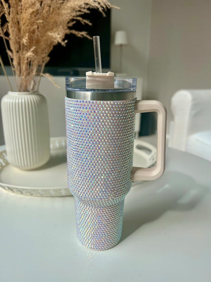 40 Oz Rhinestone Tumbler with Handle and Flip Straw | Insulated Stainless Steel Double Layer Bling Tumbler | Leak Proof Glitter Tumbler for Women | Reusable 1200ml Travel Bling Cups Pink